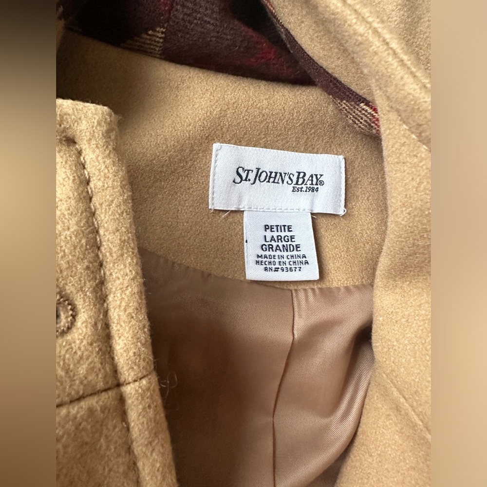 NWT St. John’s Bay Tan Wool Cashmere Blend Zip Toggle Jacket Coat Petite Large - Picture 2 of 8